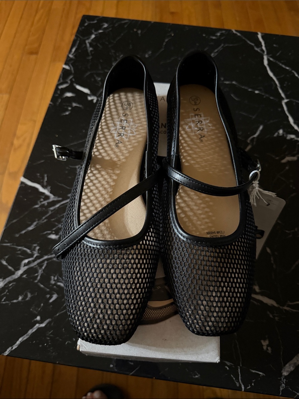 SERRA Black Mesh Mary Jane Flats with Strap